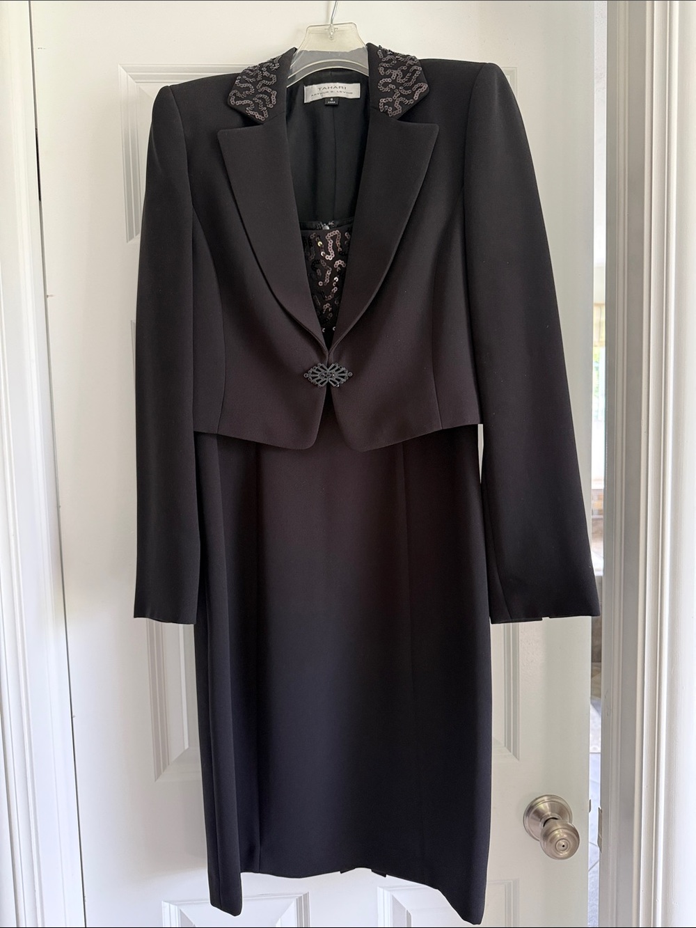 Perfect condition Tahari sequined black Cocktail dress with jacket size 6.